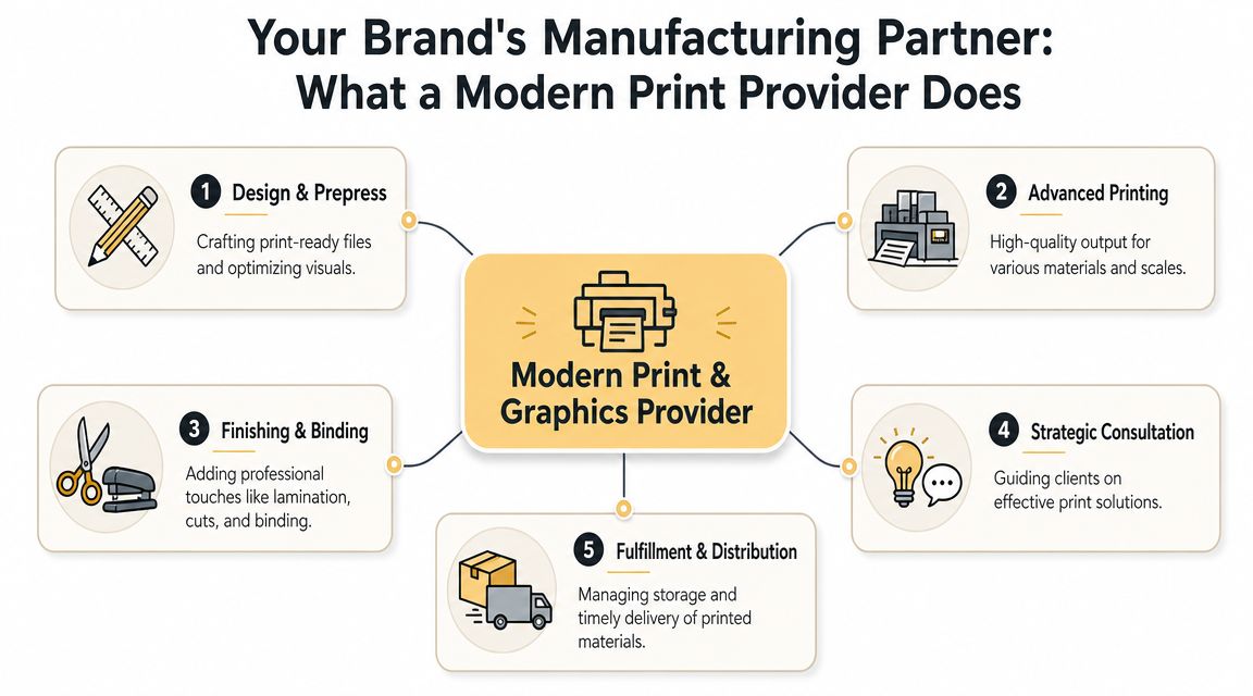 An infographic showing the five core services provided by a modern print and graphics manufacturing partner.
