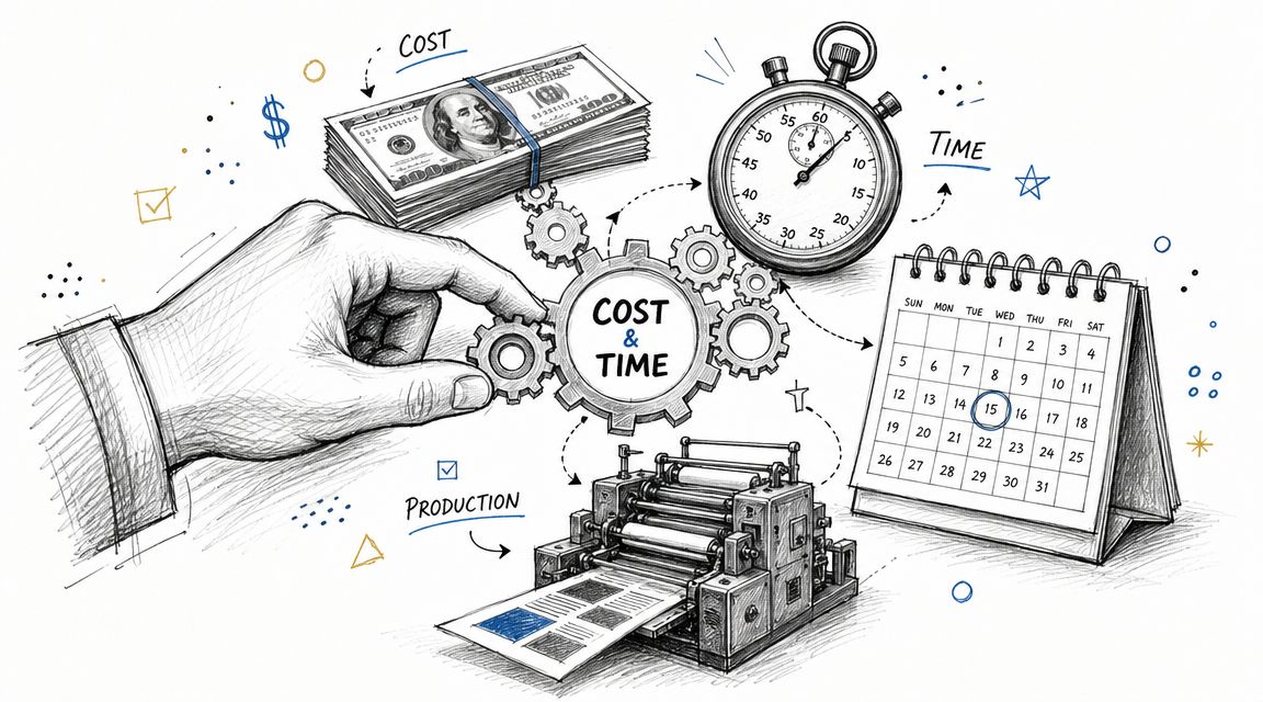 A hand adjusts gears connecting a stack of money, a stopwatch, and a calendar for production planning.
