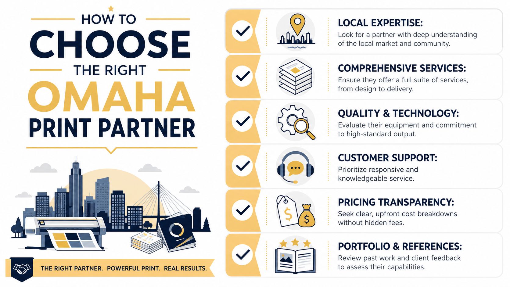 An infographic titled How to Choose the Right Omaha Print Partner with six key selection criteria.