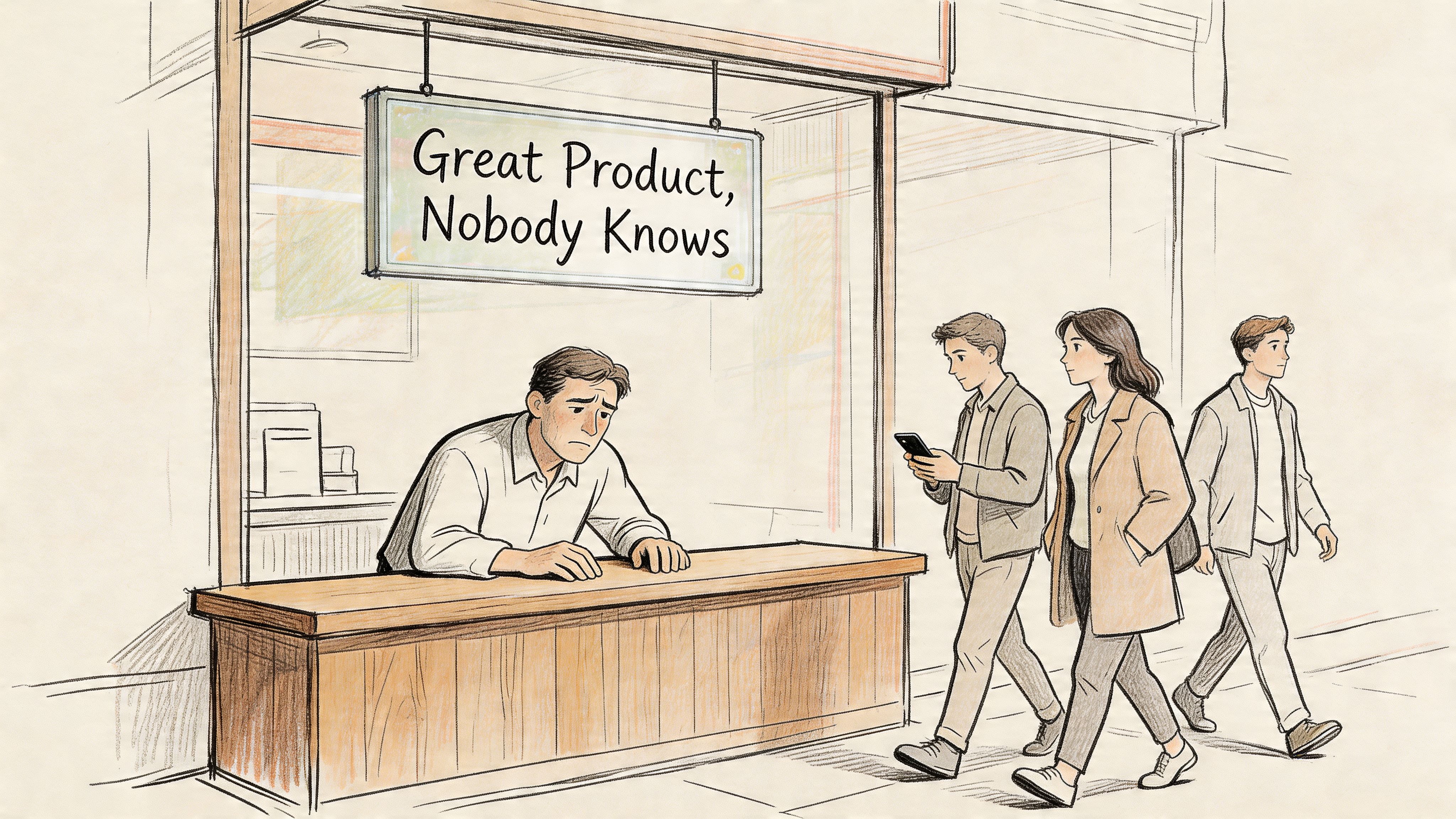 A sad man behind a counter with a sign reading Great Product, Nobody Knows while pedestrians pass by.