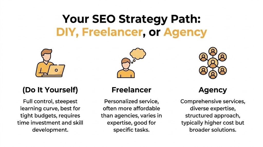A graphic comparing three SEO strategy paths: Do It Yourself, working with a Freelancer, or hiring an Agency.