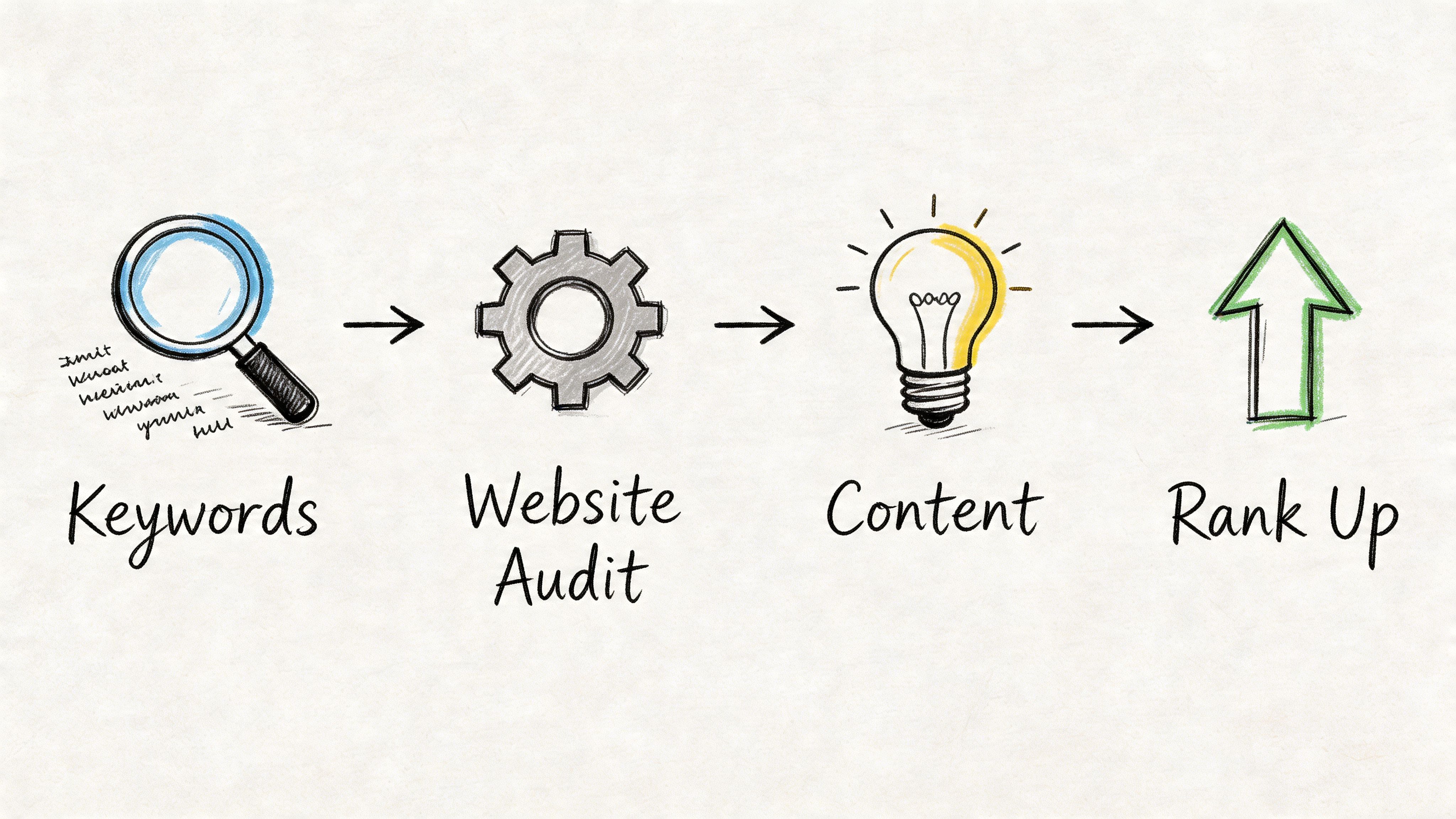 A hand-drawn flowchart illustrating the step-by-step process of search engine optimization starting with keywords and ending with improved rankings.