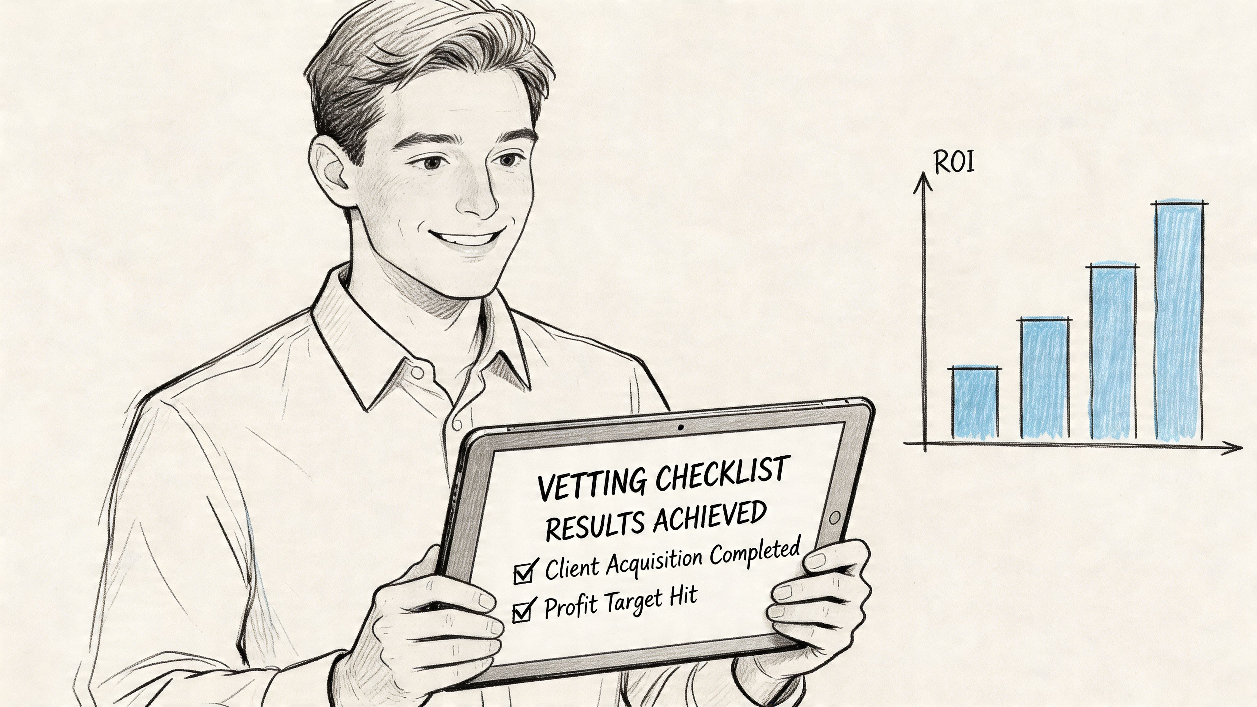 A man smiling while holding a tablet displaying a vetting checklist with achieved business goals and results.