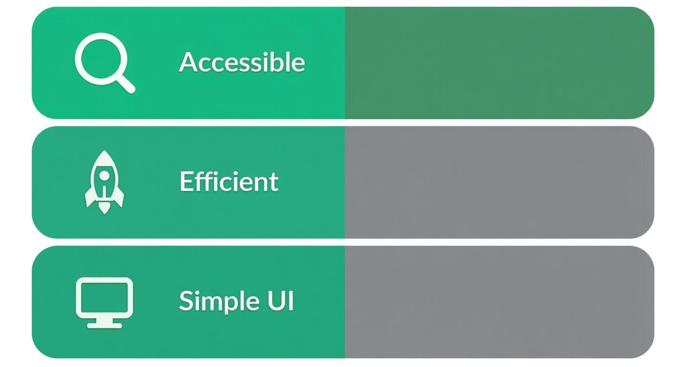 Infographic showcasing KWFinder's strengths in accessibility, efficiency, and user interface.
