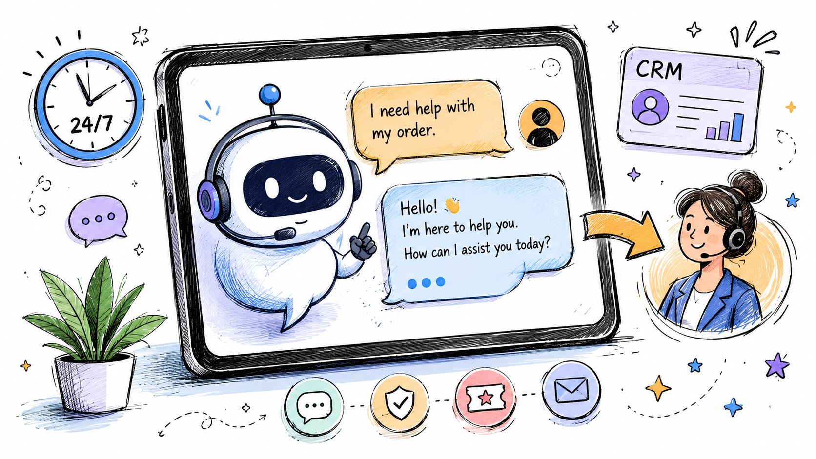 A hand-drawn illustration showing an AI chatbot assisting a customer, connected to human customer support services.
