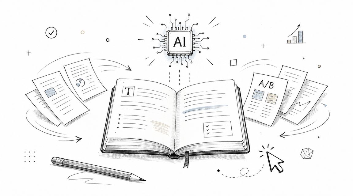 A sketched illustration showing an AI chip processing documents into various formats like charts and A/B tests.