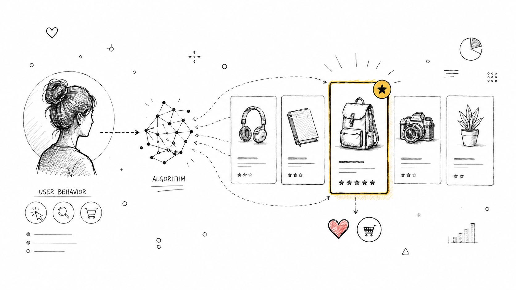 A hand-drawn illustration depicting user behavior analysis leading to AI-powered personalized product recommendations for online shopping.