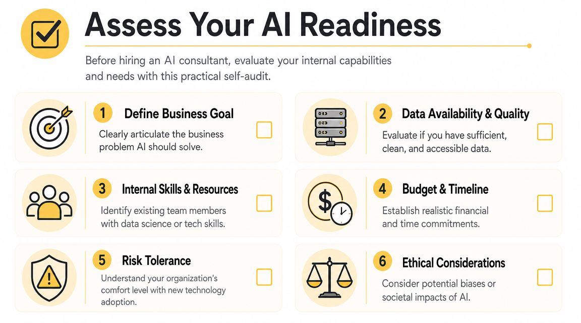 A checklist for businesses to assess their AI readiness before hiring an AI consultant and developer.