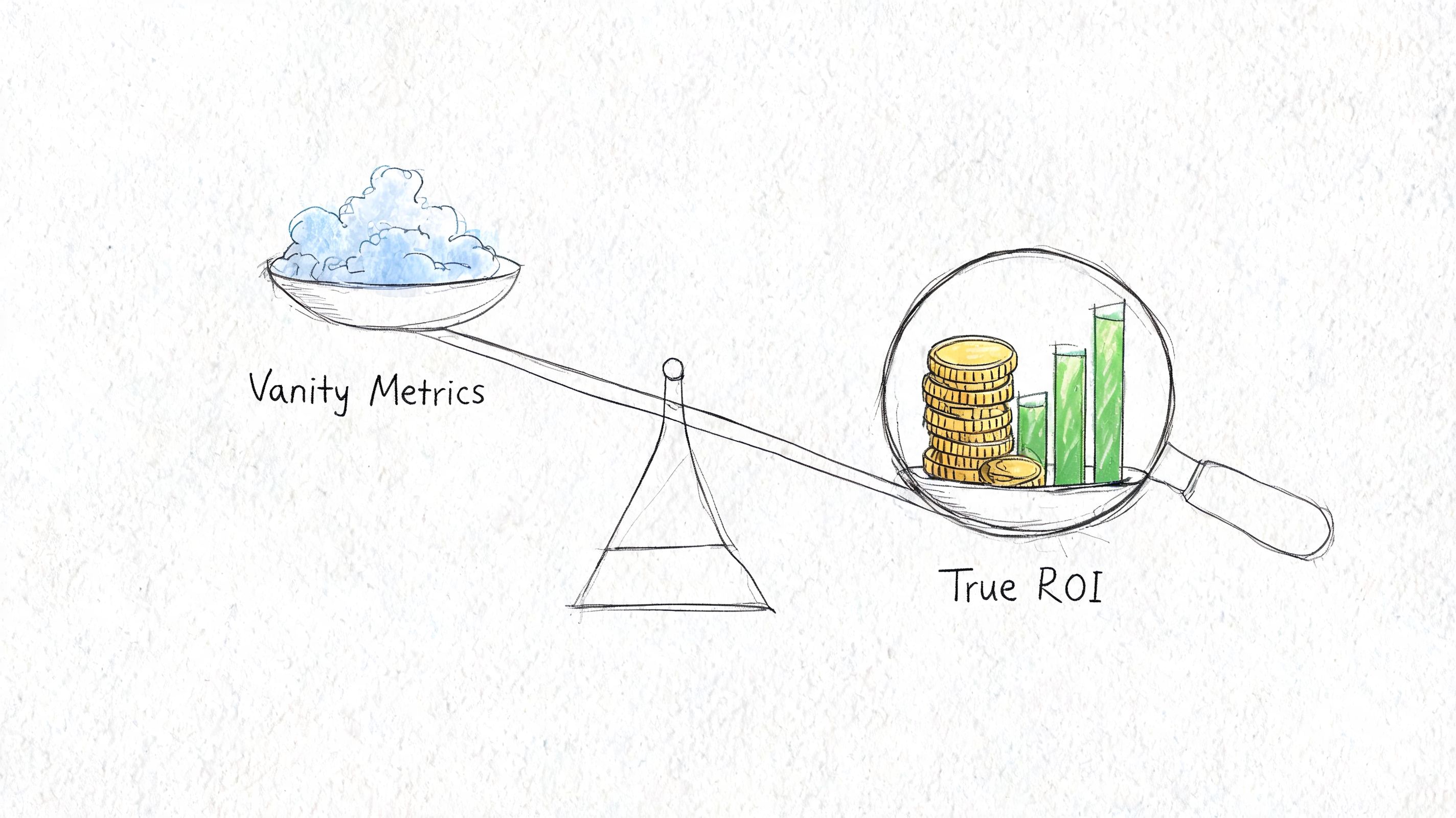 A conceptual illustration balancing light vanity metrics in a cloud against heavy profitable true ROI with coins.