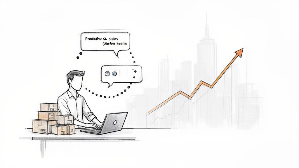 A man using a laptop next to shipping boxes, with speech bubbles about predictive sales and an upward growth graph.