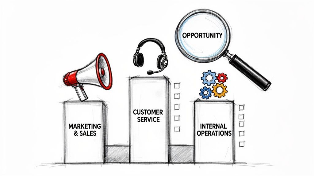 A hand-drawn sketch illustrating business functions like marketing, customer service, and operations, seeking opportunity.