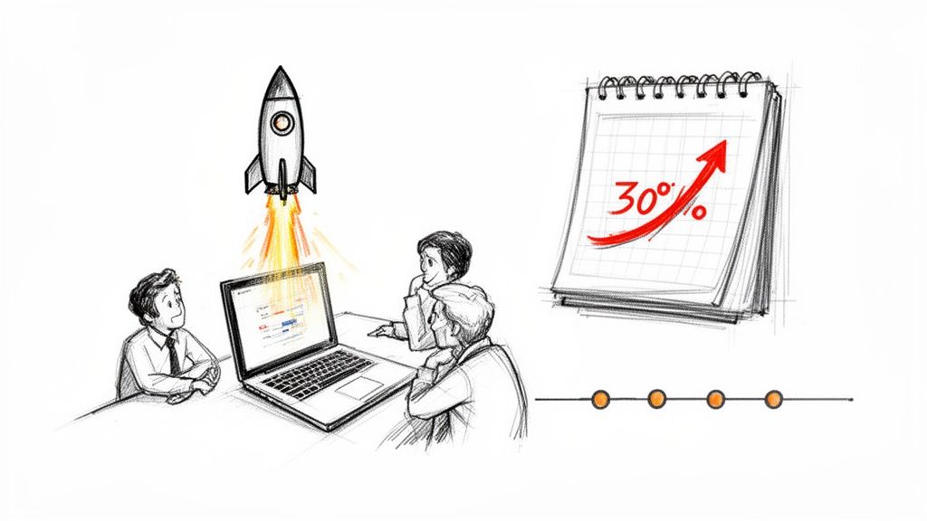 Sketched business scene: team with laptop, rocket launch, 30% growth, and timeline progress.