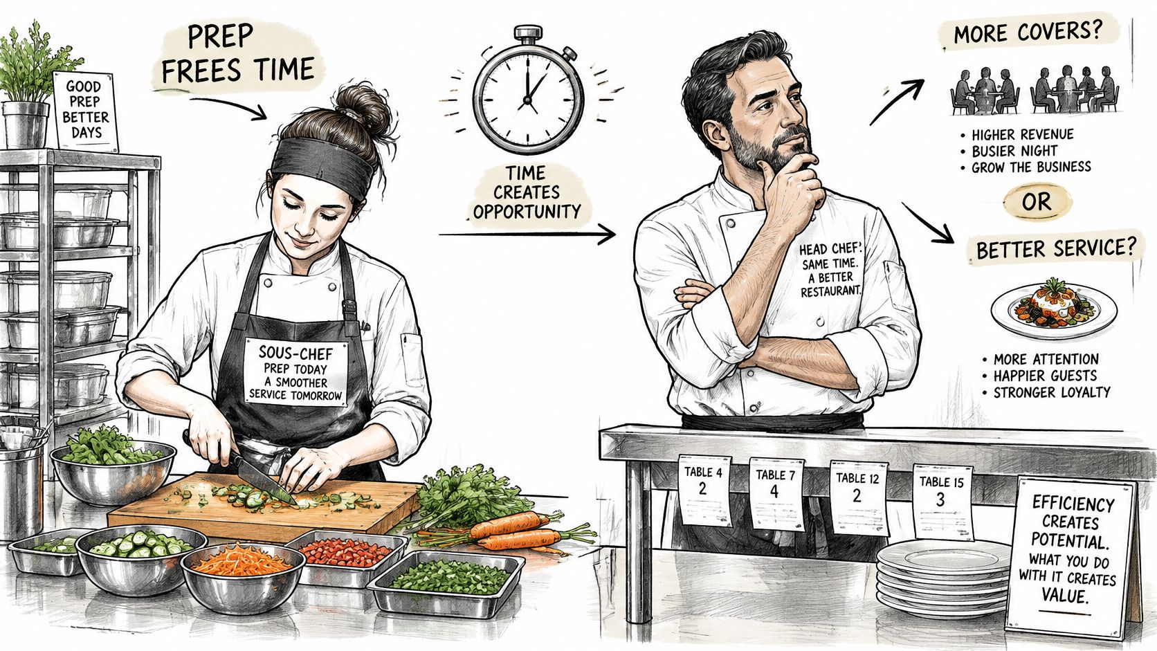 A professional kitchen illustration highlighting how prep work creates time for restaurant operational efficiency and business growth.