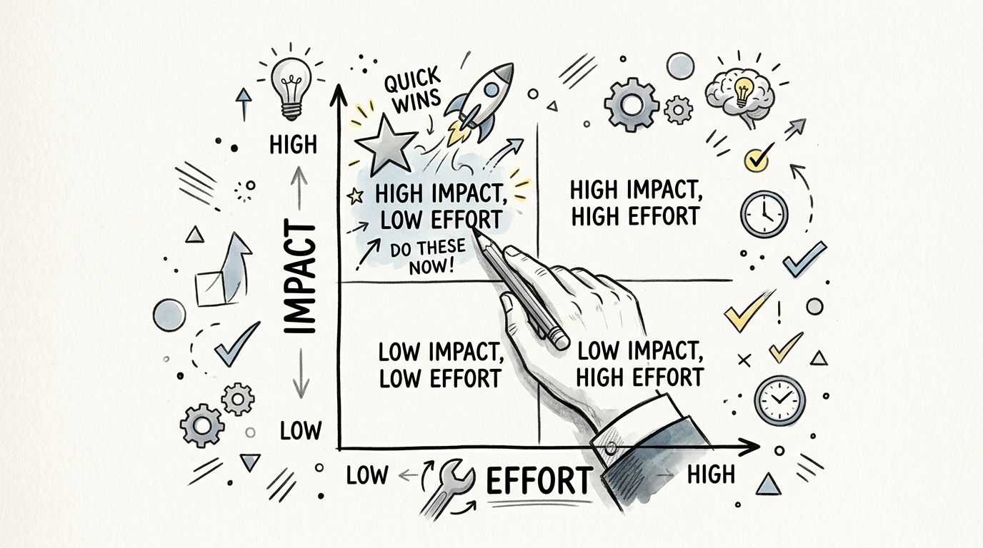 A hand-drawn prioritization matrix diagram illustrating the four quadrants of impact versus effort for business decision-making.