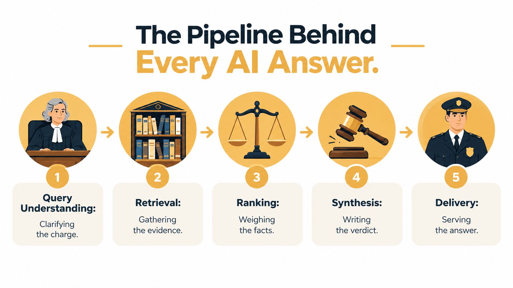 A five-step infographic explaining the legal-themed AI search pipeline from query understanding to final delivery.