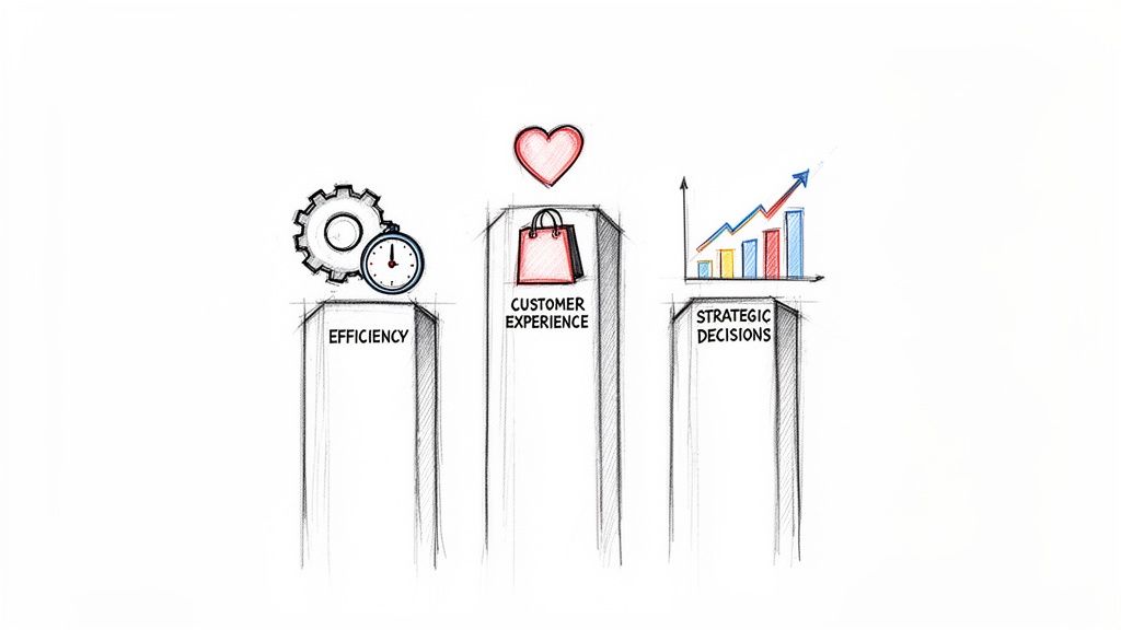 Illustration of three business pillars: efficiency, customer experience, and strategic decisions.