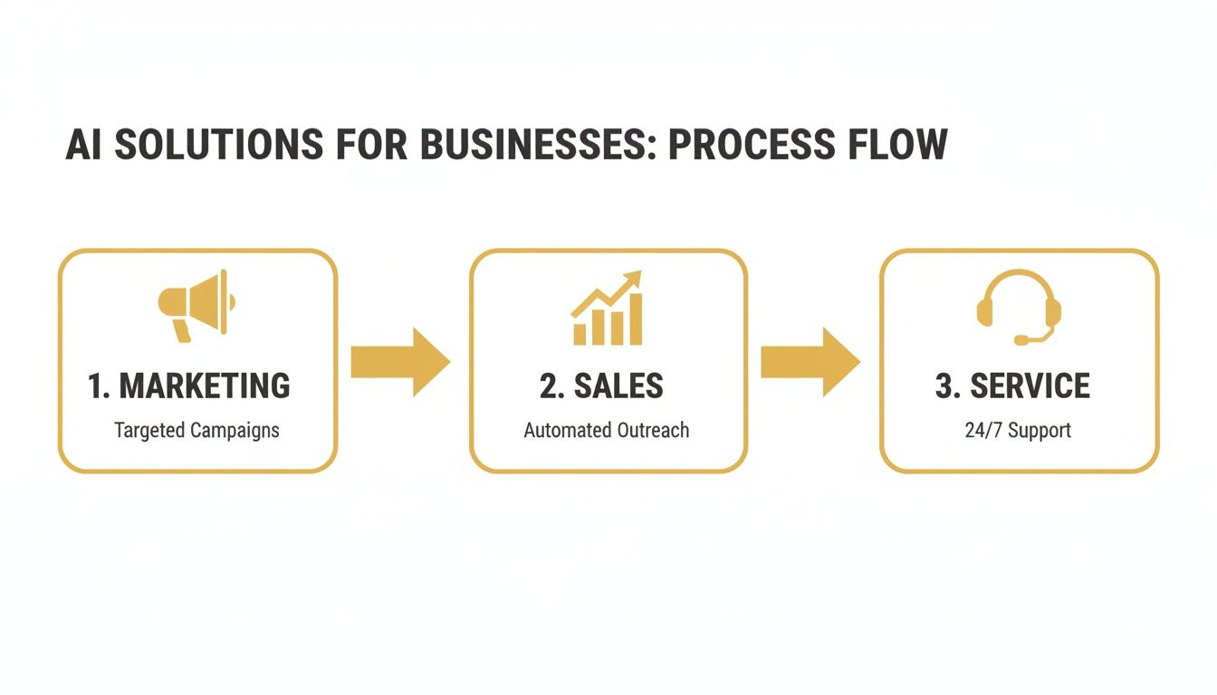 AI solutions process flow: Marketing (Targeted Campaigns), Sales (Automated Outreach), and Service (24/7 Support).