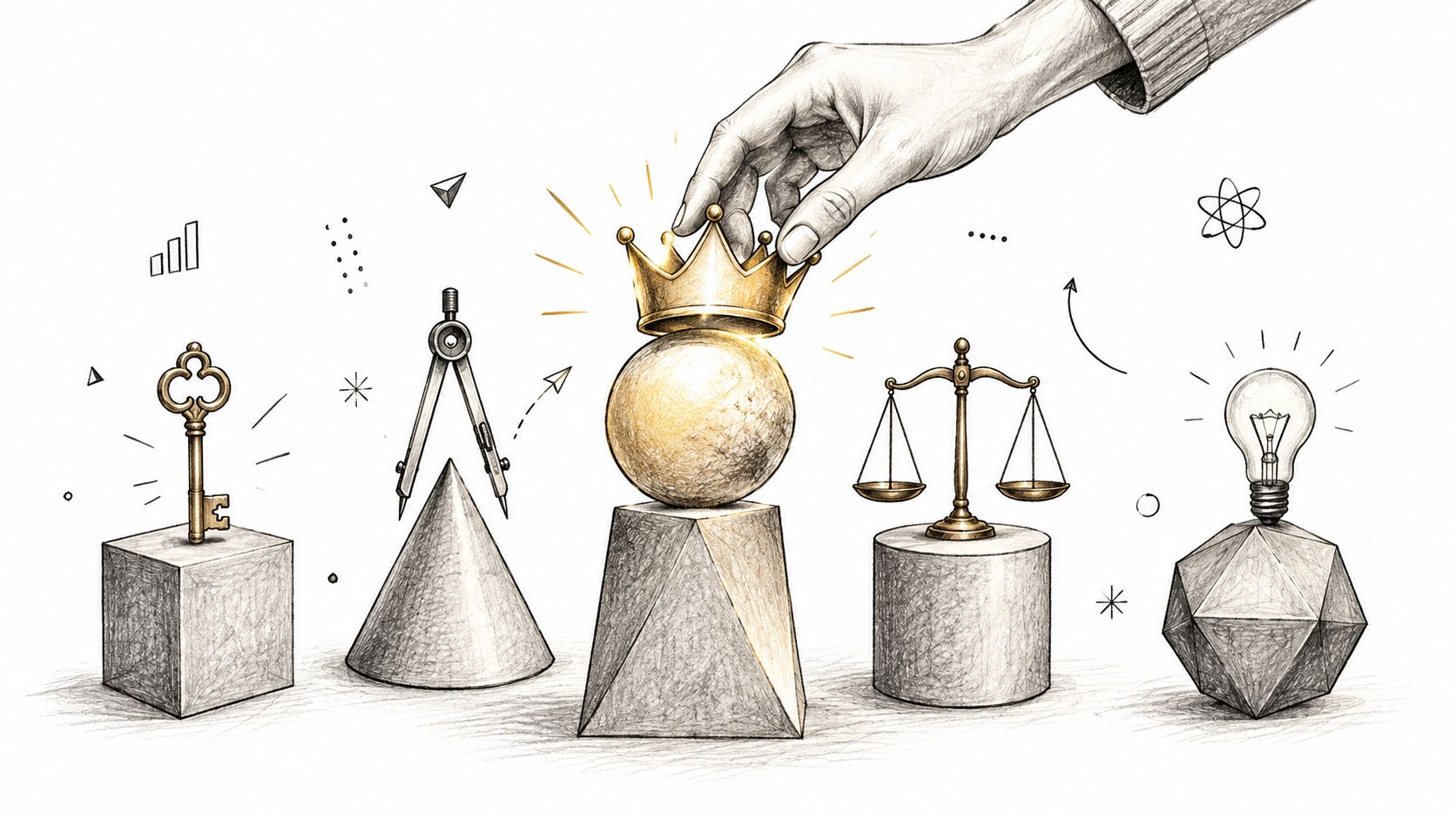 A hand placing a golden crown on a golden sphere atop a geometric pedestal among various symbols.