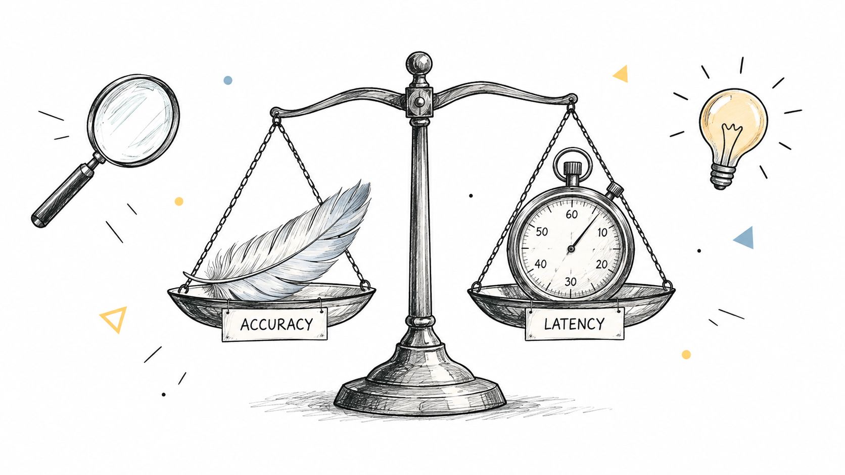 A hand-drawn illustration of a balance scale depicting the trade-off between accuracy and latency.