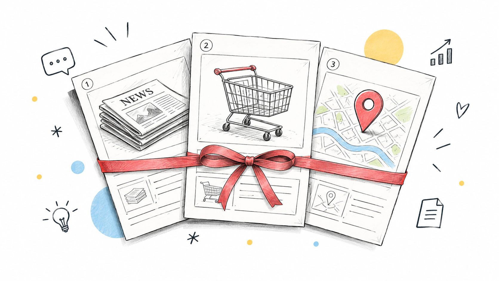 A hand-drawn illustration showing three numbered cards featuring a newspaper, a shopping cart, and a map location pin.