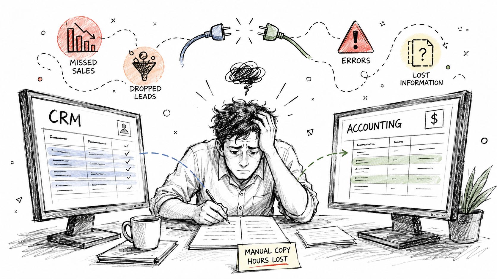 A frustrated office worker manually copying data between CRM and accounting software, causing errors and lost productivity.