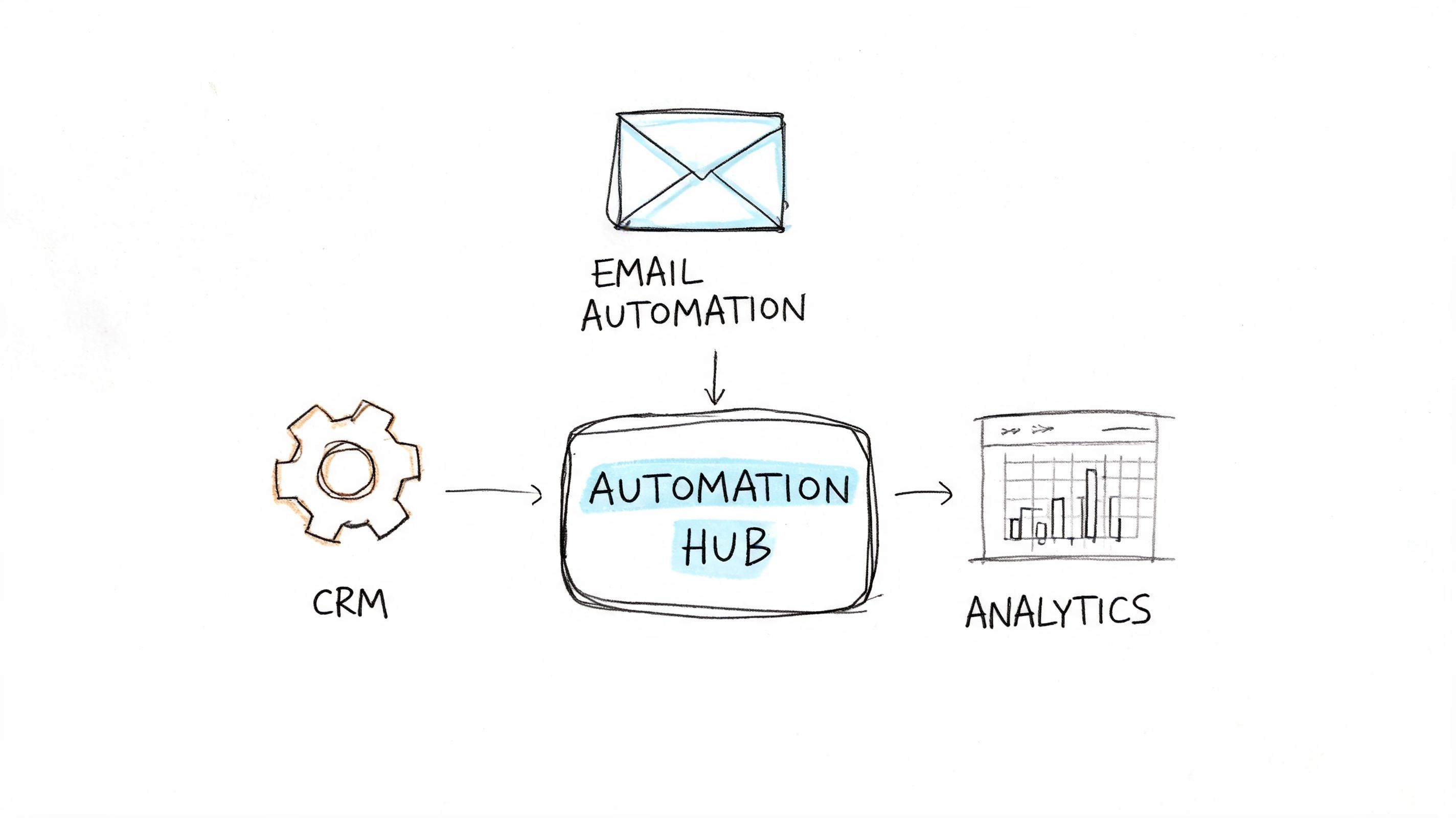 A hand-drawn diagram illustrating a marketing automation workflow connecting a CRM, email automation, and analytics hub.