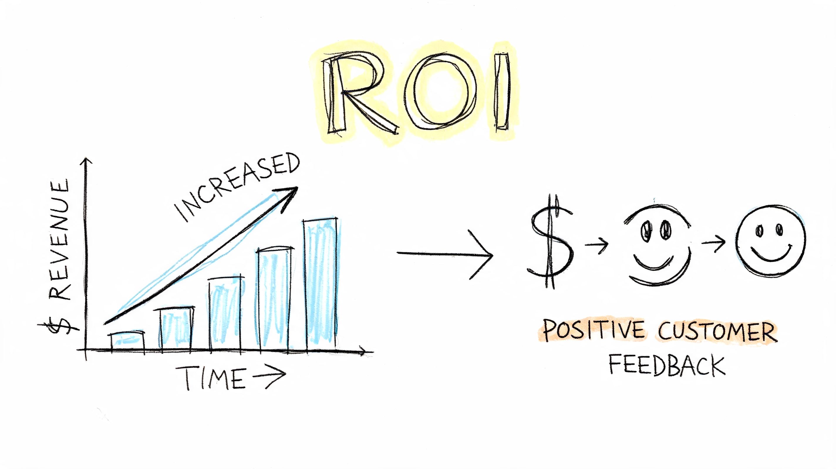 A hand-drawn illustration showing a growing bar graph representing revenue leading to positive customer feedback.