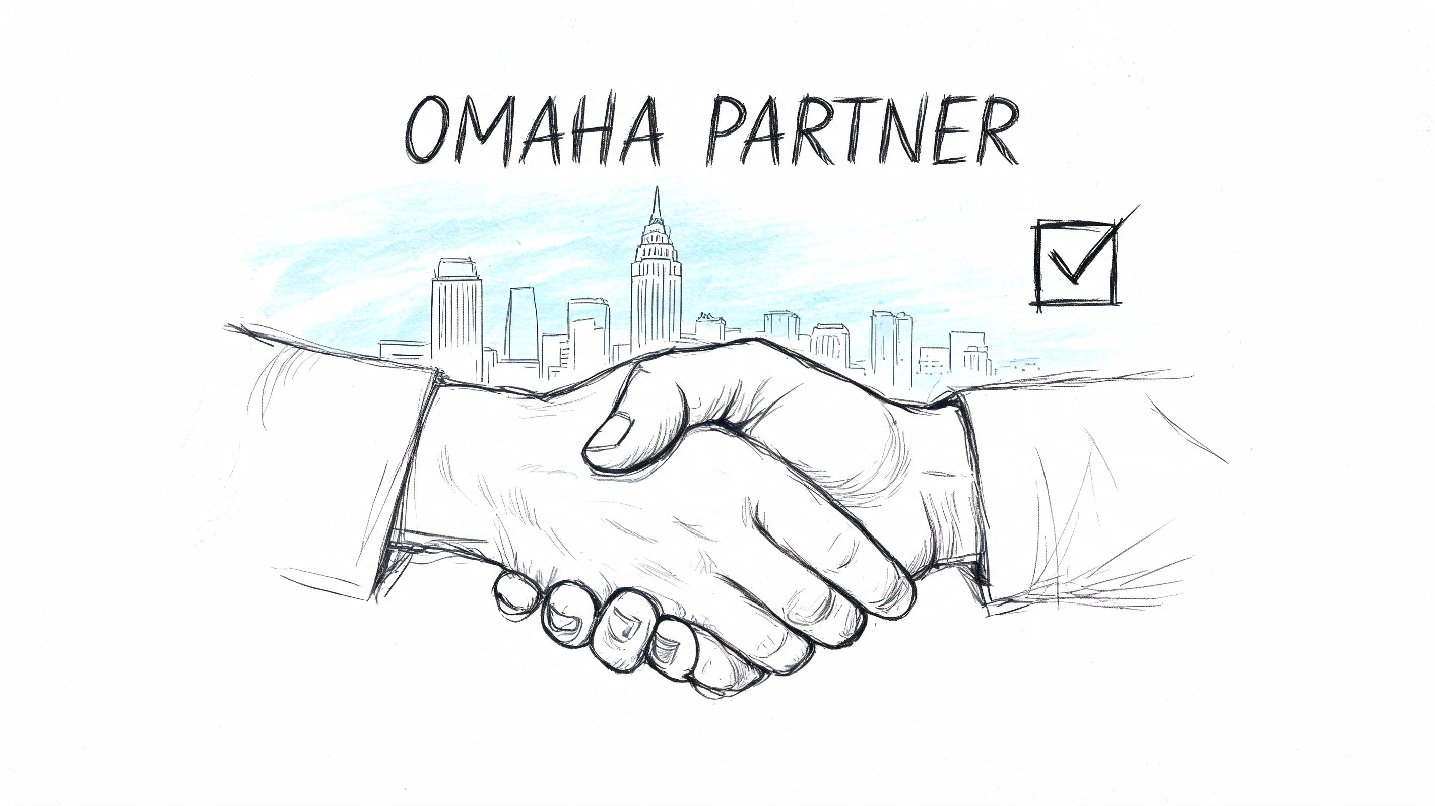 A pencil sketch of two hands shaking in front of a city skyline with a checkmark symbol.