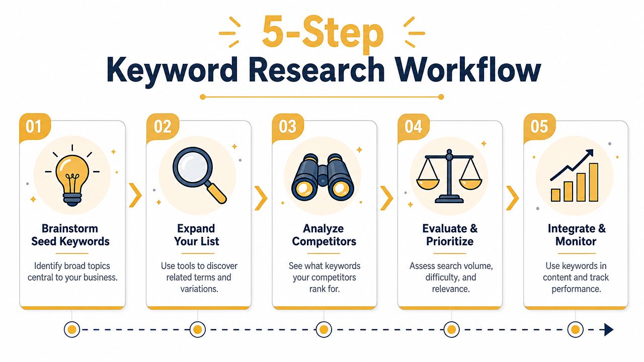 A five-step workflow diagram illustrating the essential stages of an effective SEO keyword research process.