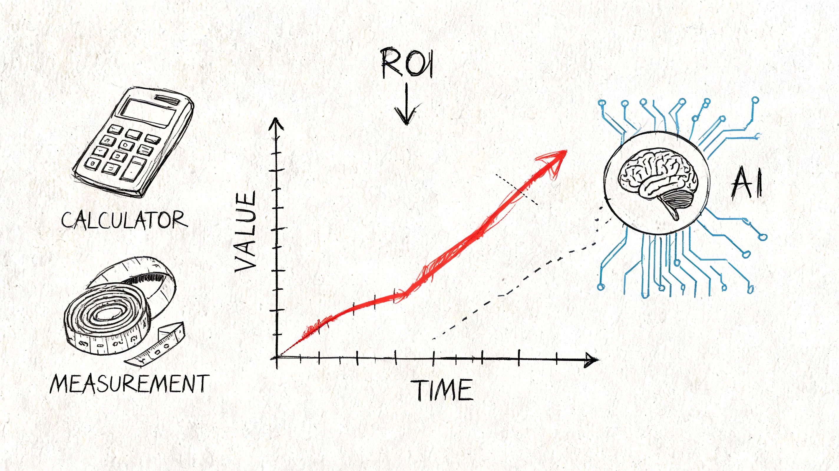 A hand-drawn chart illustrating how artificial intelligence improves ROI over time compared to traditional methods.