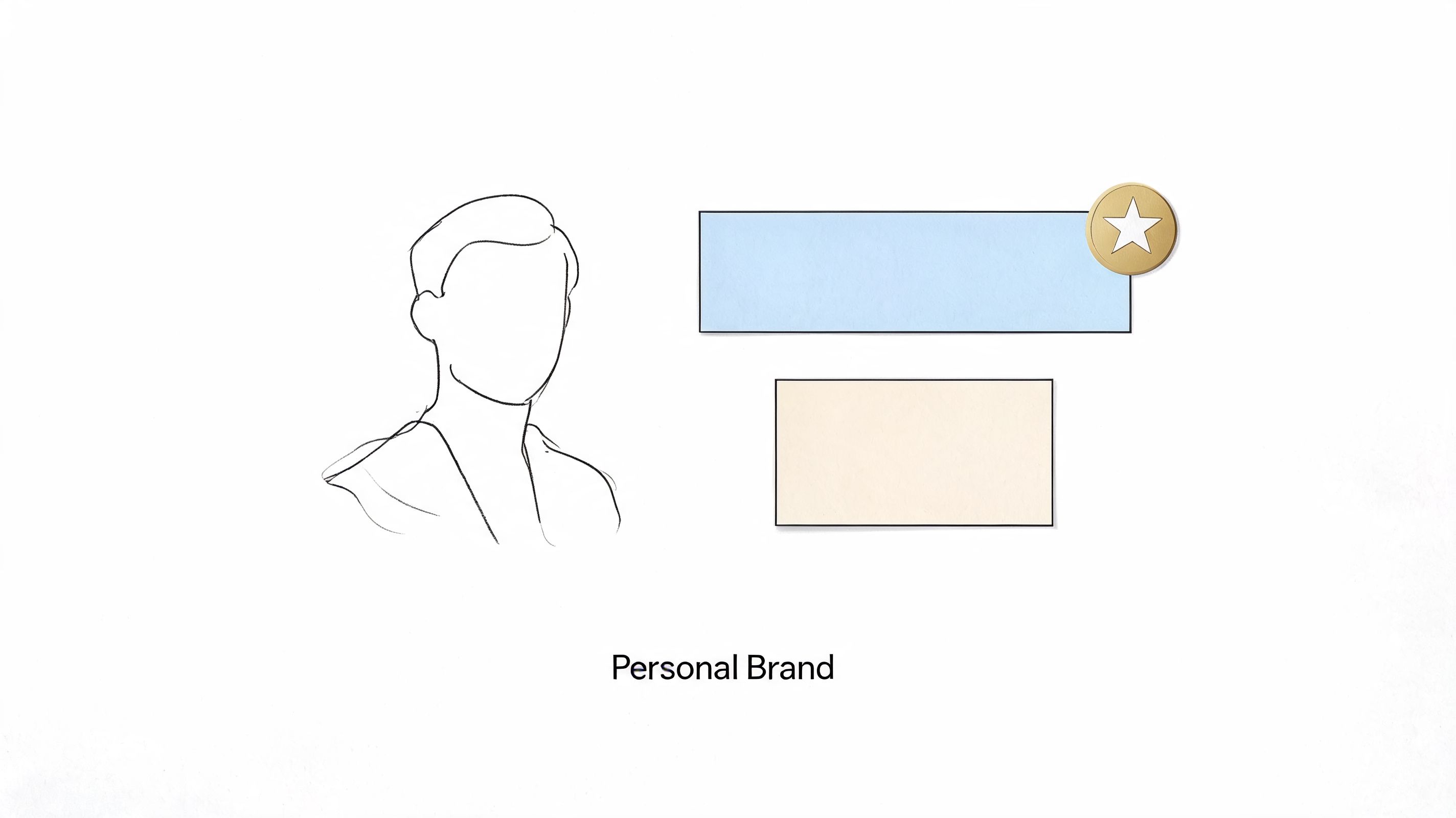 A minimalist sketch of a person next to a light blue box and a cream rectangle with a star icon.