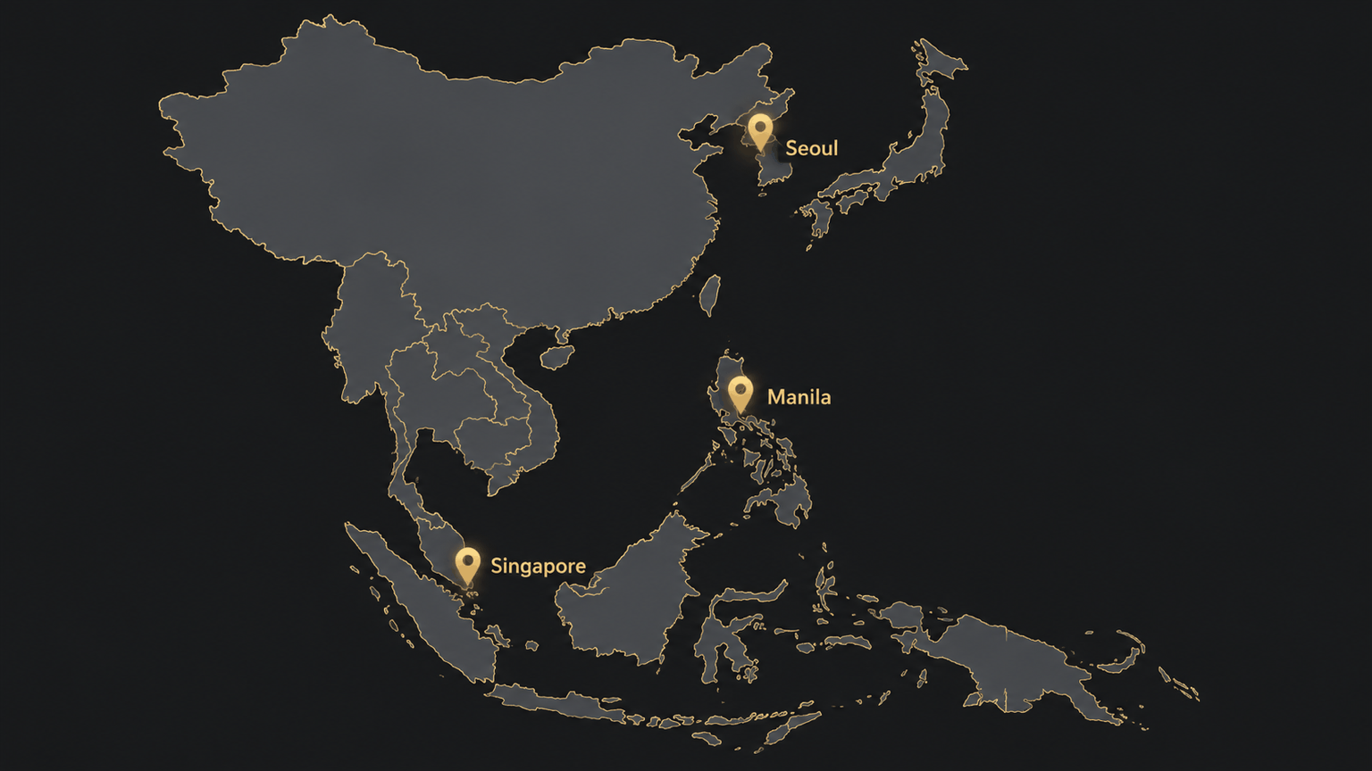 Map of East and Southeast Asia with three highlighted markets: Singapore, Manila, and Seoul.
