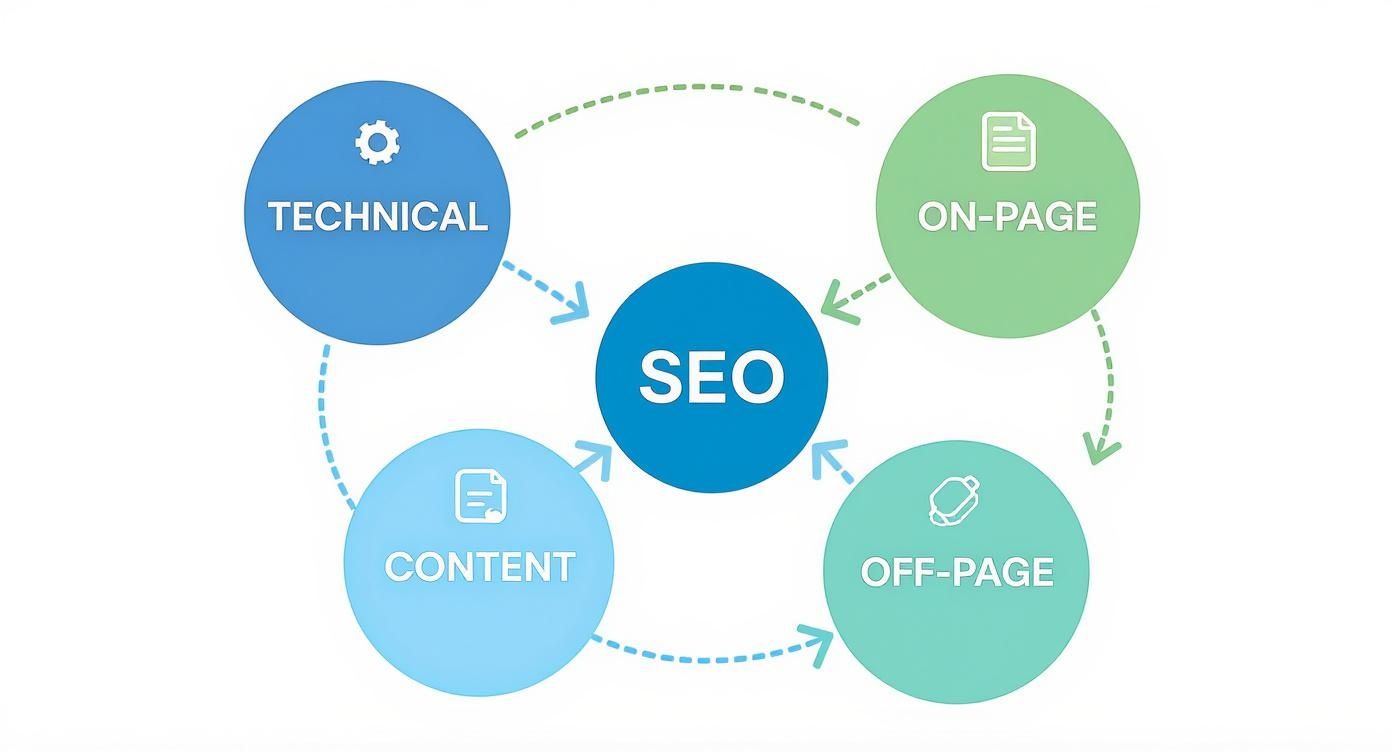 SEO diagram showing four interconnected pillars: technical, on-page, content, and off-page optimization