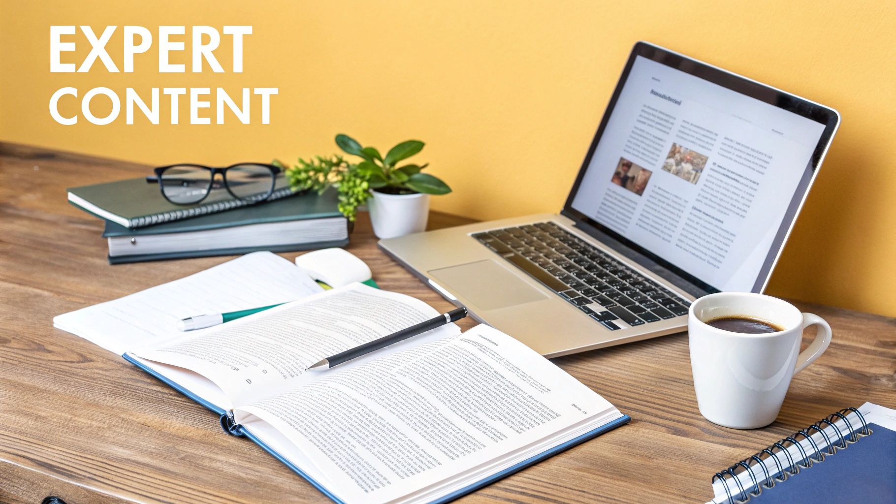 Professional workspace with laptop displaying content, open book, coffee cup, and notebooks on wooden desk