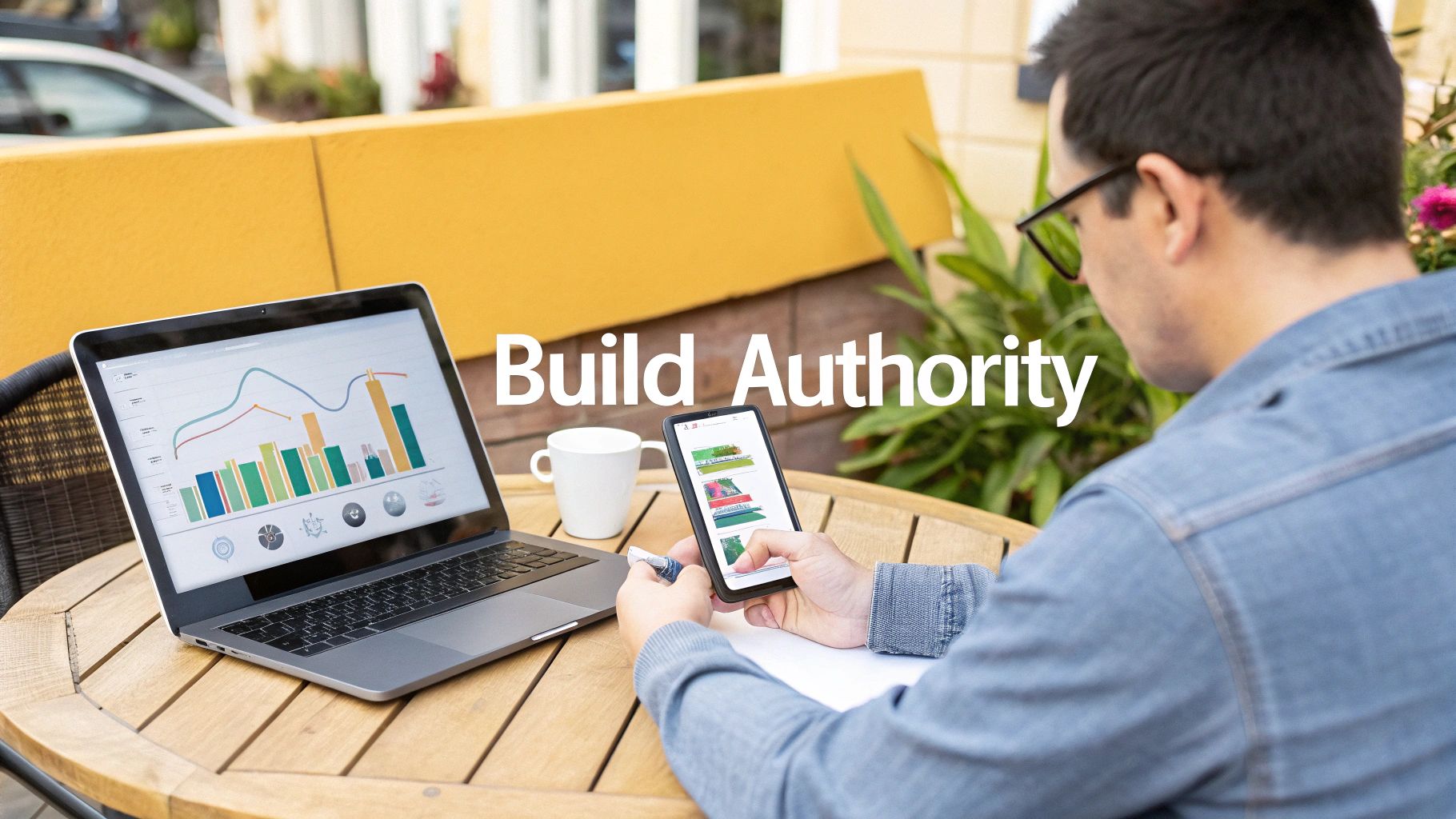 Professional man analyzing data charts on laptop and mobile device to build online authority