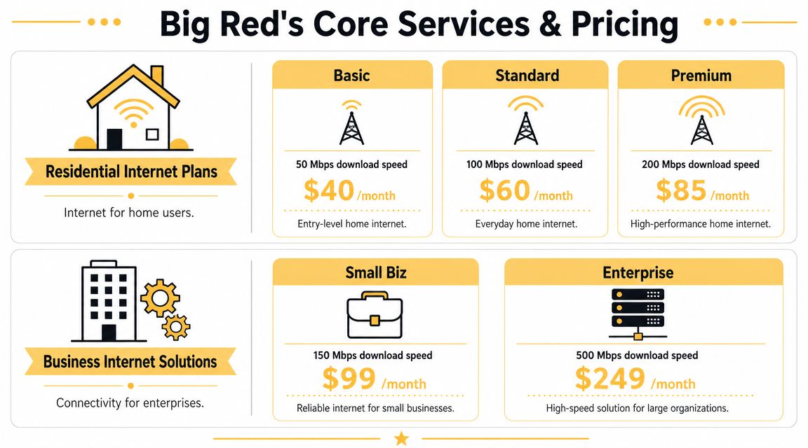 Big Red communications pricing chart comparing residential and business internet plans with speeds and monthly costs.