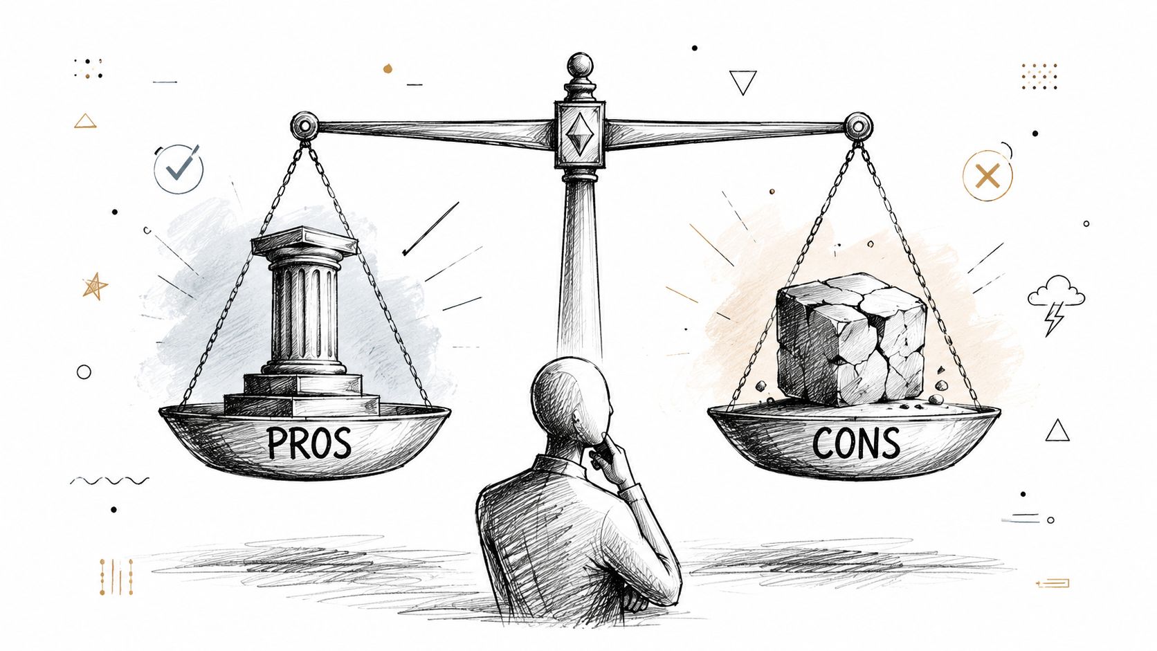 A person contemplating a scale weighing a solid classical column labeled pros against a fractured stone labeled cons.