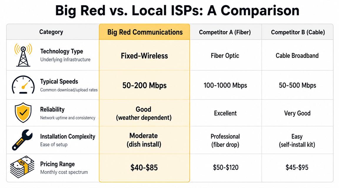 A comparison table outlining key features like speed and price for Big Red Communications and local ISPs.