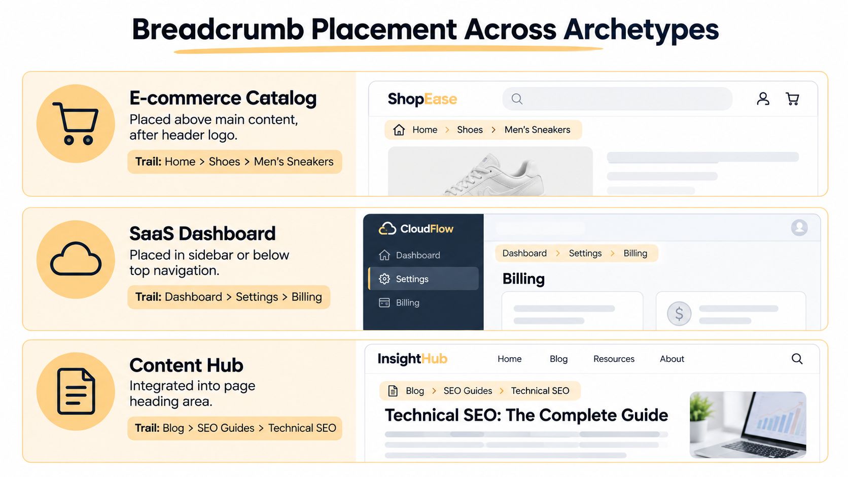 An infographic illustrating optimal breadcrumb navigation placement examples for e-commerce, SaaS dashboards, and content hub websites.
