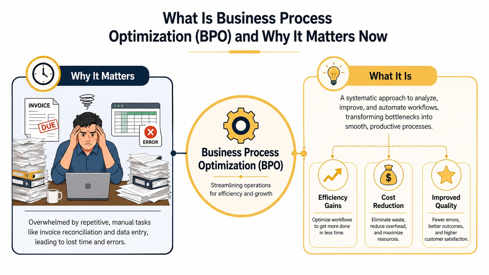 An infographic illustrating business process optimization, comparing inefficient manual tasks to streamlined, improved operational workflows.