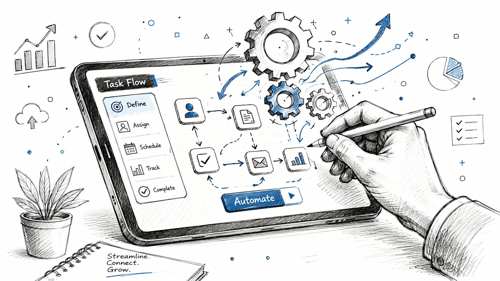 A digital illustration showing a hand using a stylus on a tablet to design a business workflow.