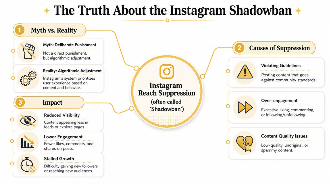 An infographic explaining the truth about Instagram shadowbans, focusing on myths, causes, and the impact of reach suppression.