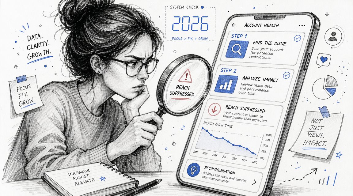 A woman analyzing her social media account health on a smartphone to identify reach suppression issues.