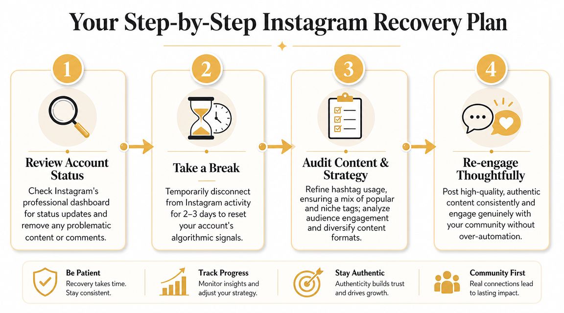 A four-step infographic illustrating a strategic plan to recover an Instagram account from potential shadowbanning or low engagement.