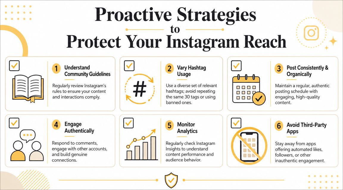 An infographic titled Proactive Strategies to Protect Your Instagram Reach with six tips for account health.