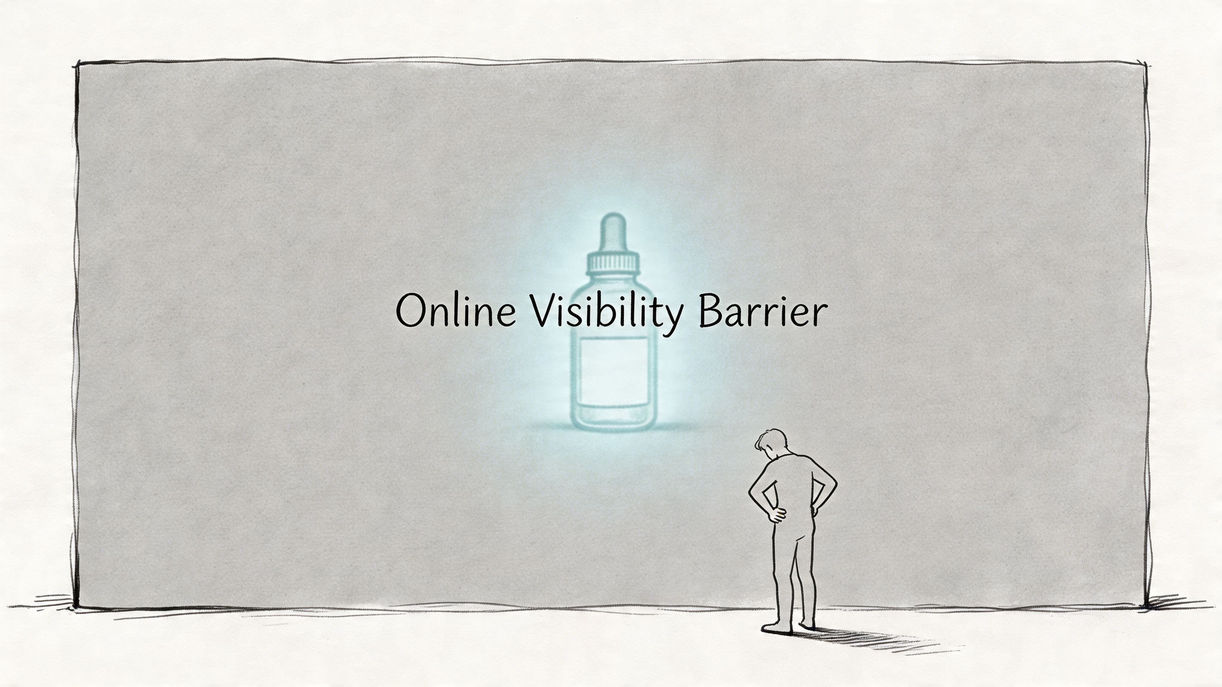 A person standing before a gray wall featuring a glowing medicine bottle icon labeled Online Visibility Barrier.
