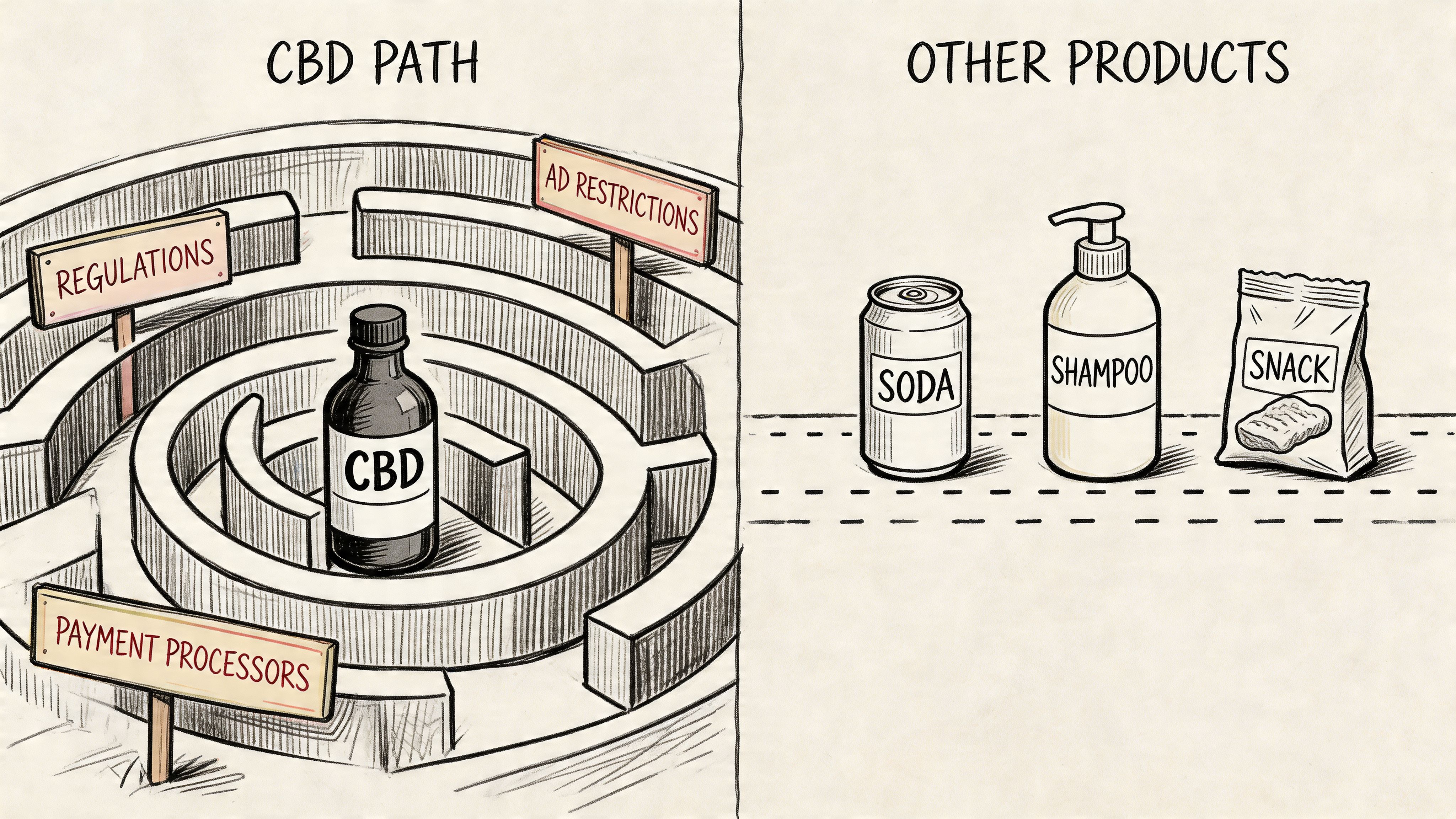A conceptual illustration contrasting the complex regulatory maze of CBD business versus standard consumer product pathways.