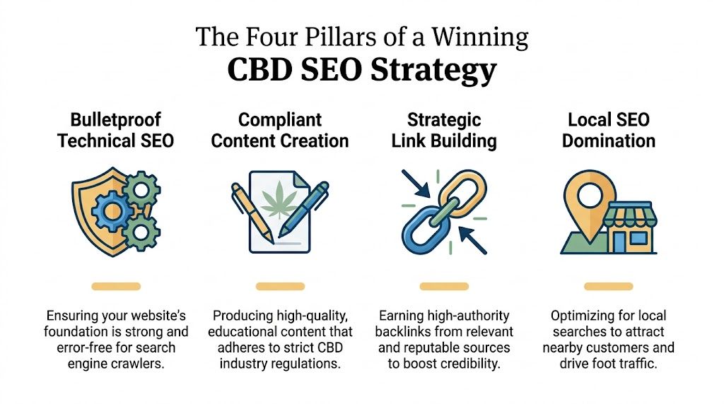 An infographic showing the four essential pillars for a successful SEO strategy in the CBD industry.