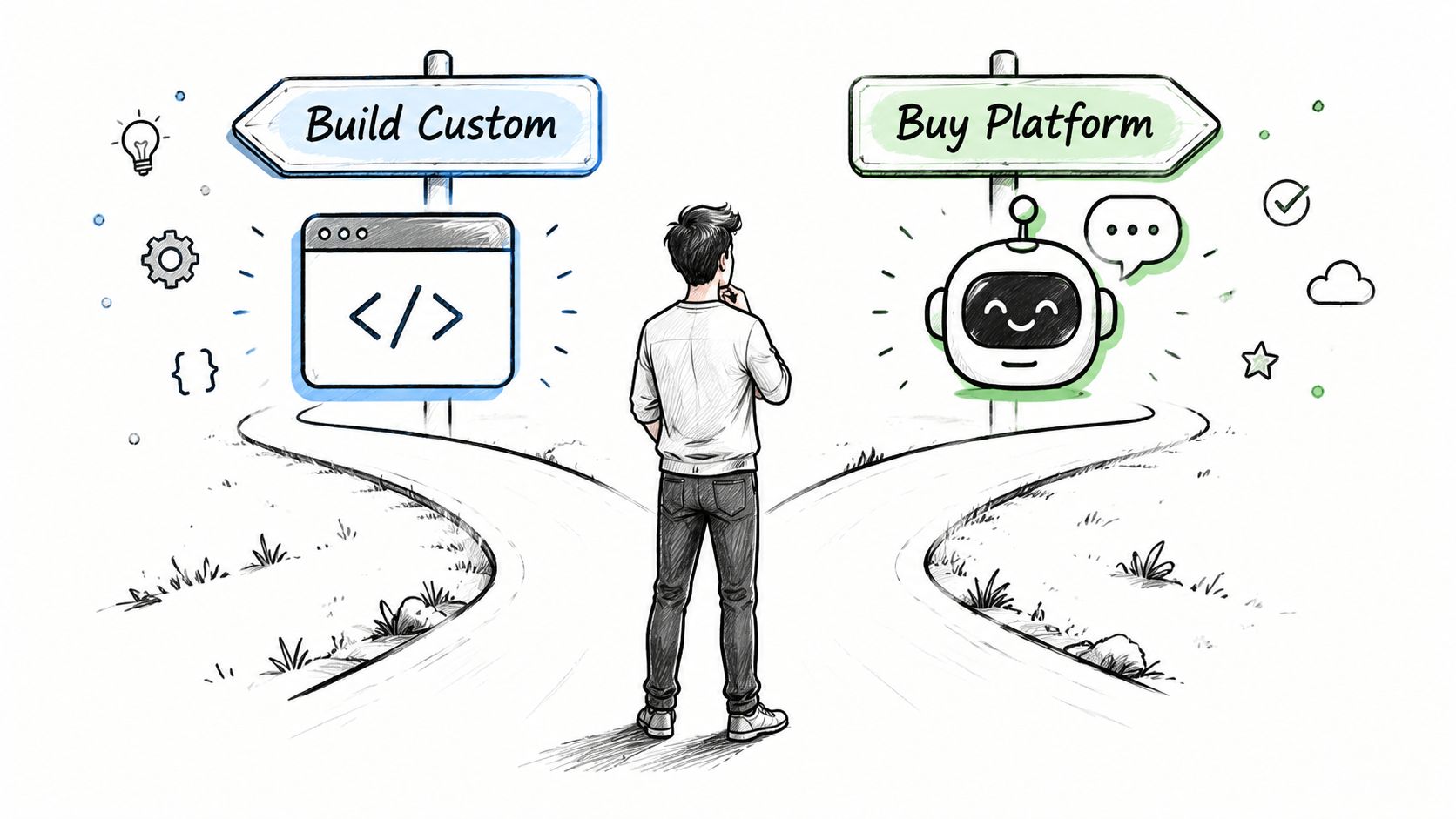 A person standing at a fork in the road choosing between building custom code or buying a chatbot platform.