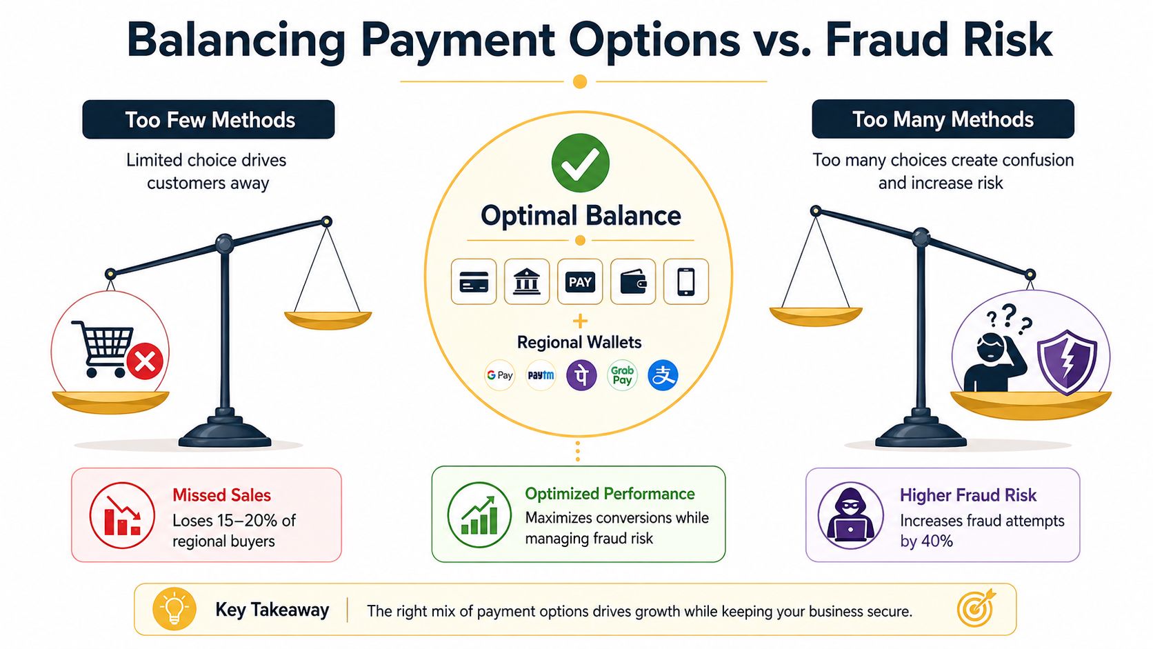 An infographic illustrating the balance between payment options and fraud risk for e-commerce checkout optimization.